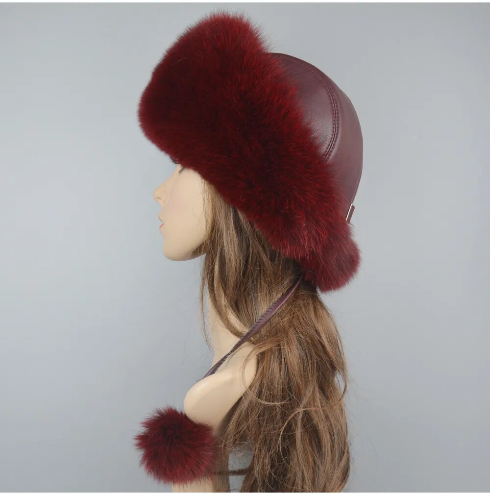 Russian Fur Hat with Back Pom Poms
