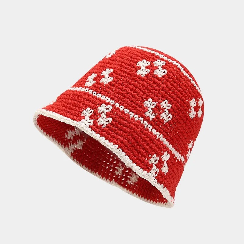 Red and white colored Crocheted Floral Beanie