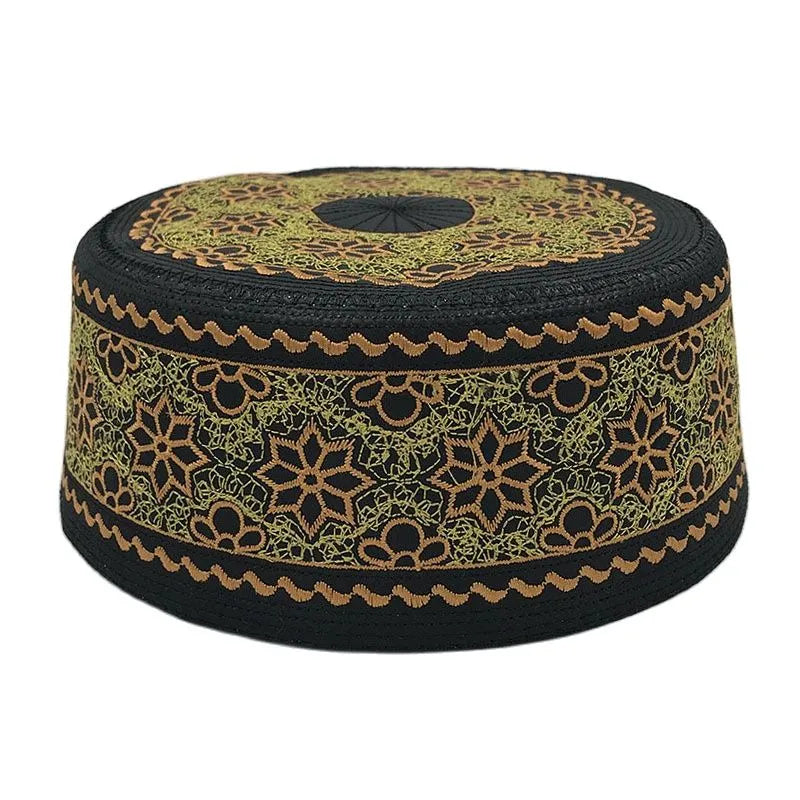 Ornate Black and Gold Patterned Kufi Cap