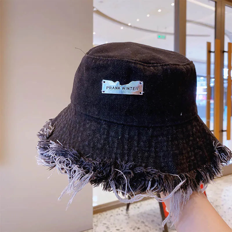 Black Distressed Denim Bucket Hat
