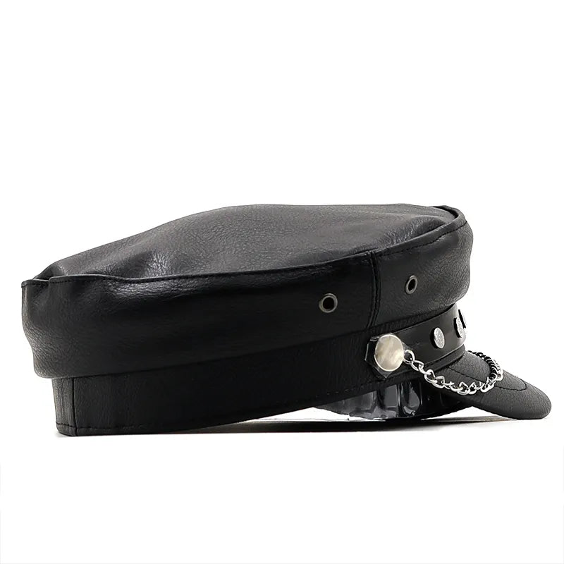 Black Leather Biker Cap with Chains