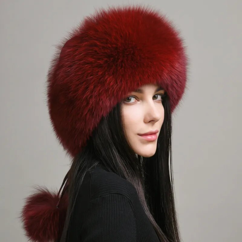 Russian Fur Hat with Back Pom Poms