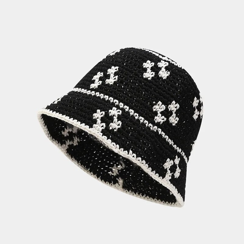 Black and white color Crocheted Floral Beanie