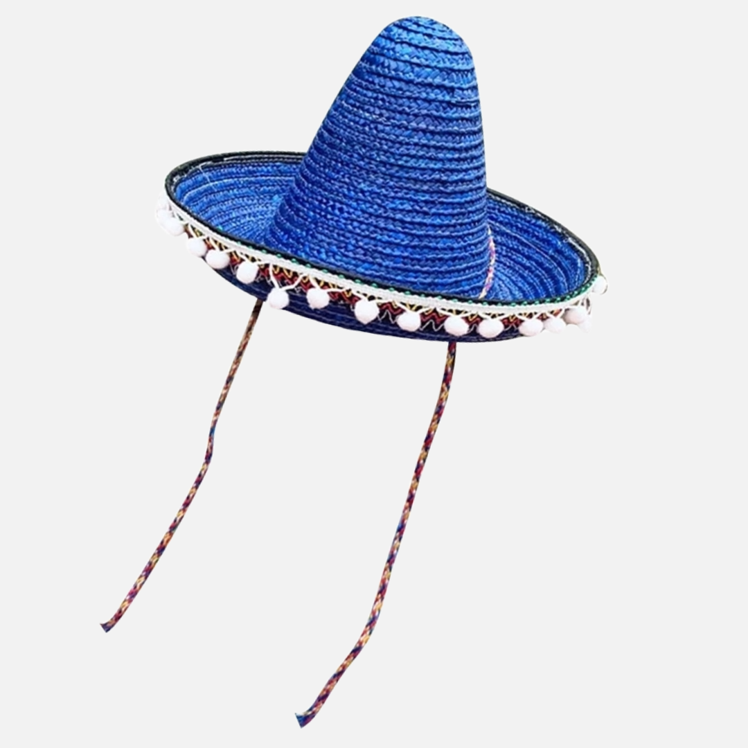 Traditional Woven Sombrero with White Pom Trim and String Ties