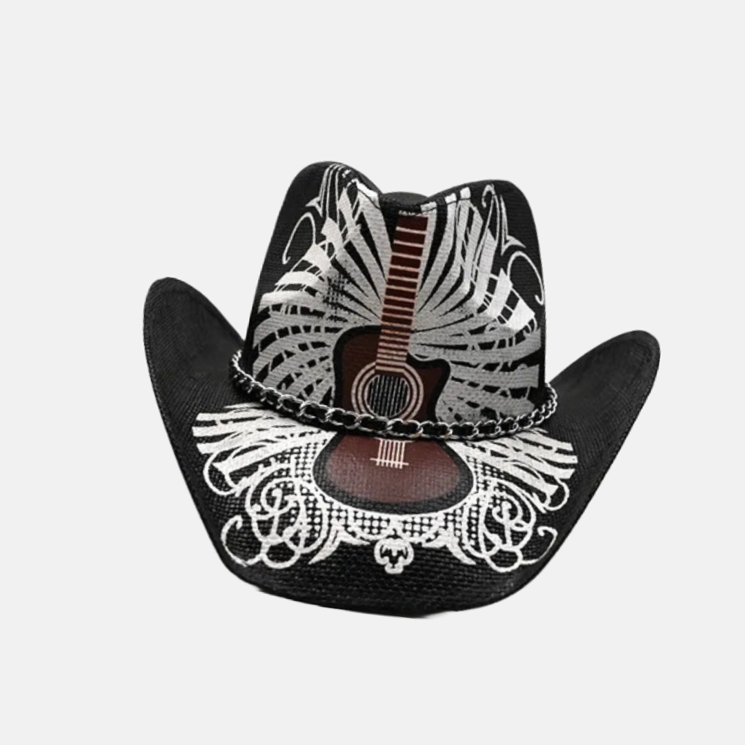 Music-Themed Western Hat with Guitar Design
