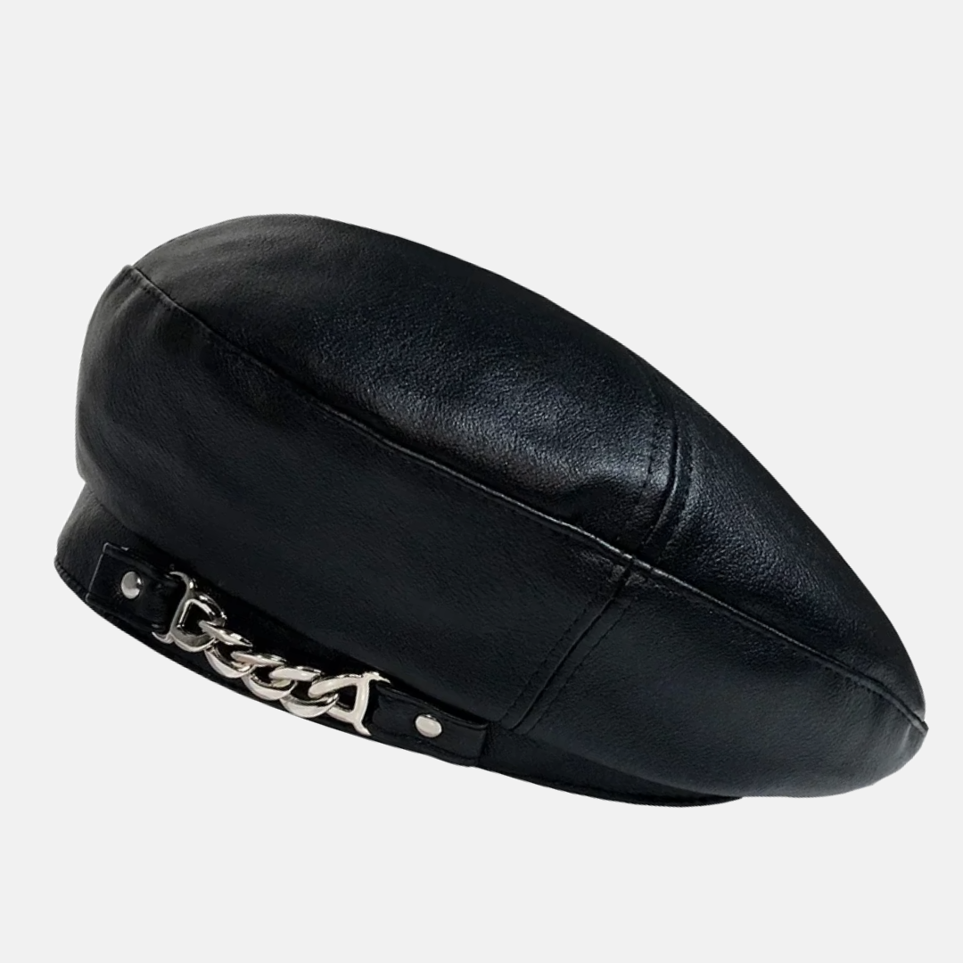 Classic Leather Beret with Chain Detail