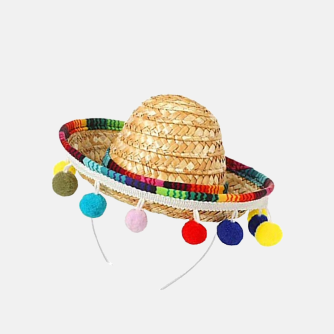 Festive Straw Sombrero with Colorful Trim and Pom-Poms