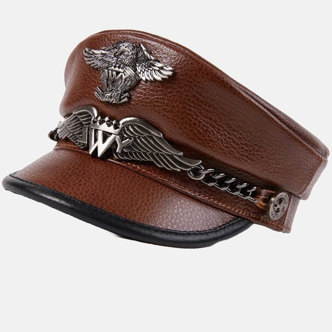 Leather Military Cap with Metallic Eagle Badge