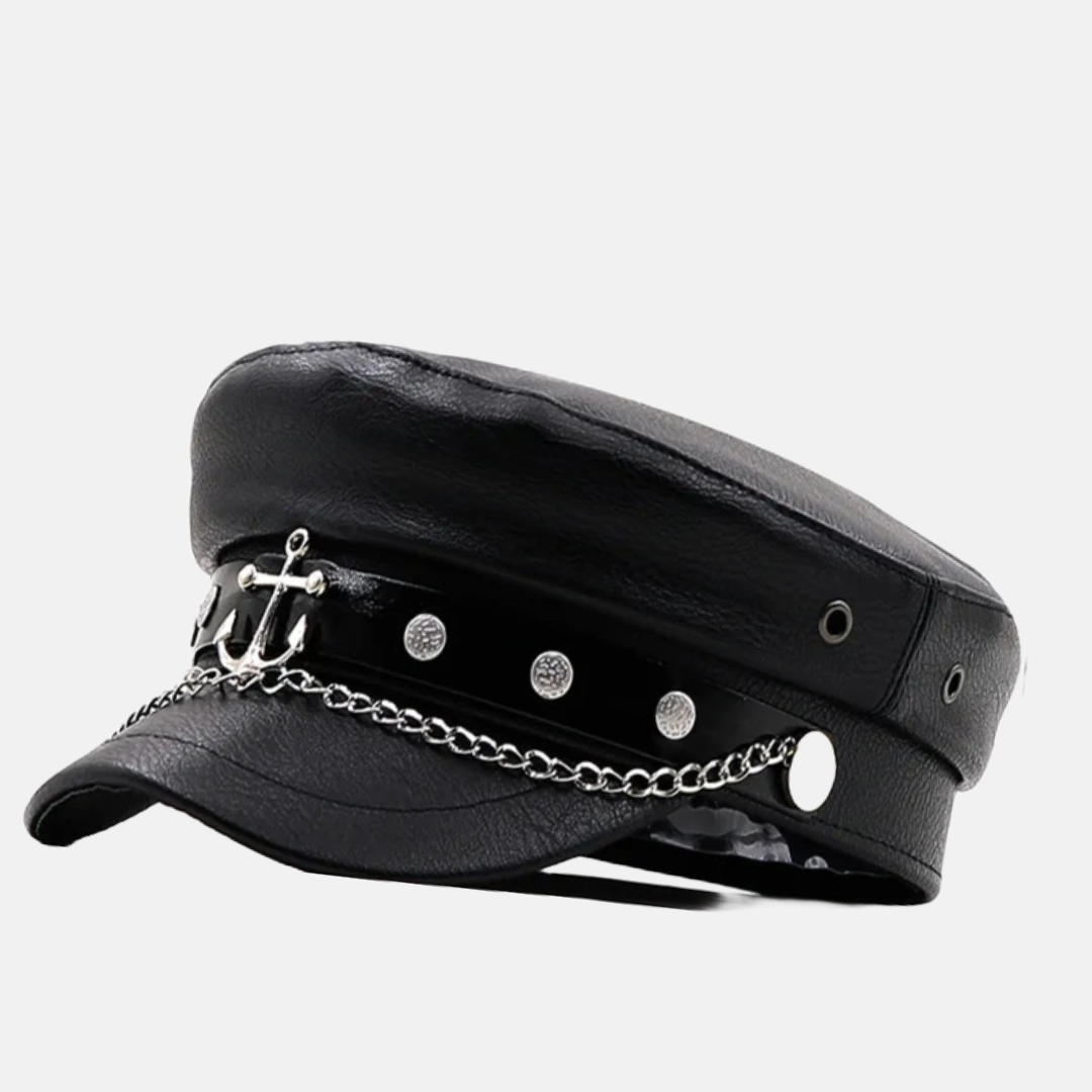 Black Leather Biker Cap with Chains